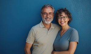 A smiling middle-aged couple wearing glasses and casual shirts stands close together in front of a solid blue wall. Both, who have experienced the benefits of bioidentical hormone replacement, have short, curly hair and are looking at the camera.
